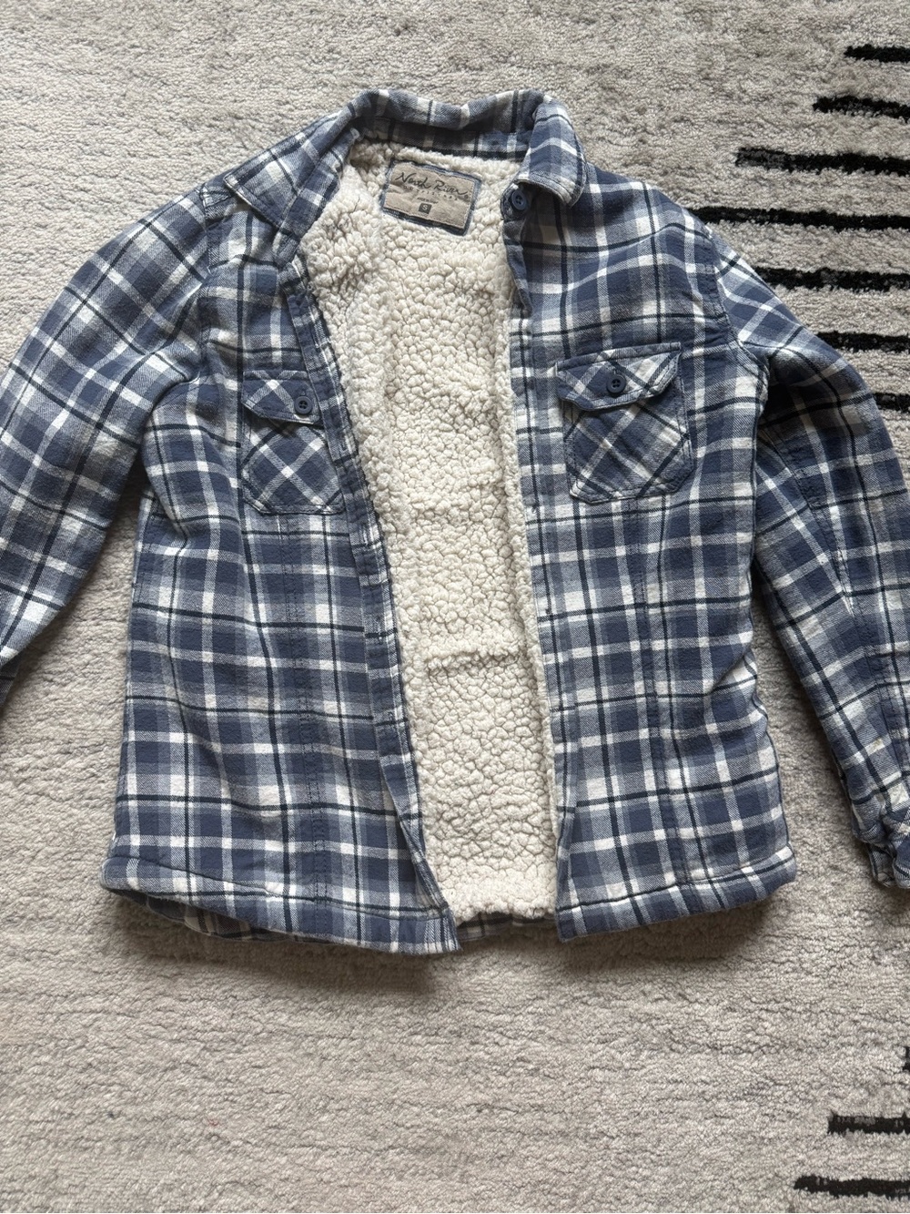 Sherpa-Lined Plaid Shacket Jacket - Blue/White